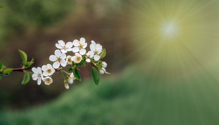 Beautiful spring background with whity flowers of cherry tree blossoms in the early spring