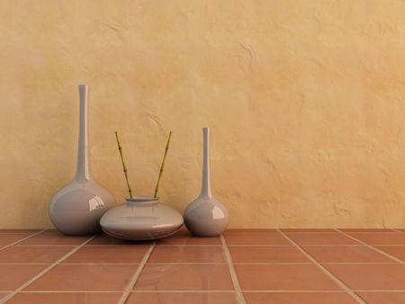 3D rendering of an interior scene with three vasesの写真素材