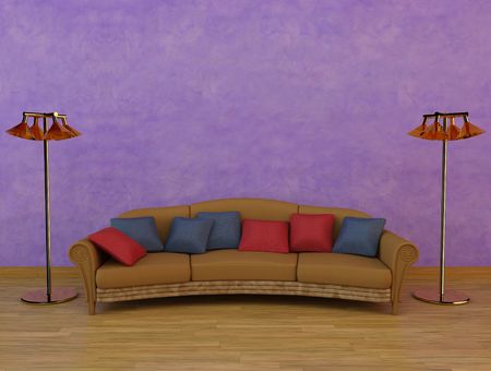 3D Rendering of a sofa with cushions and two lampsの写真素材