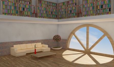 Modern living with sofa and rounded windowの写真素材