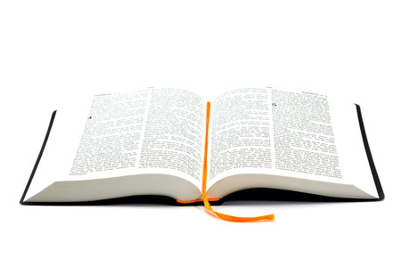 Opened Holy Bible book on white background