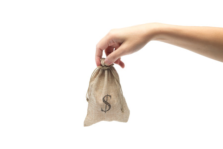 Woman hand holding burlap bag with dollar symbol on whiteの写真素材