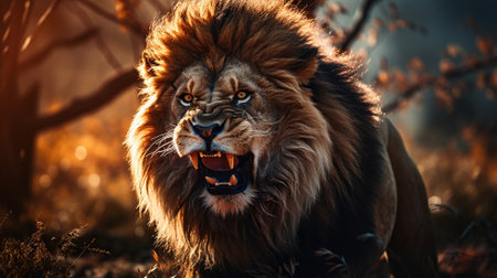 angry lion showing his fangsの素材