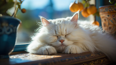 Persian cat sleeping on the windowsill with orange tangerinesの素材