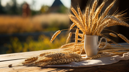 Cup of coffee with ears of wheat on wooden table in countrysideの素材