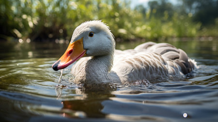 Close up of a white swan swimming on a lake in summerの素材