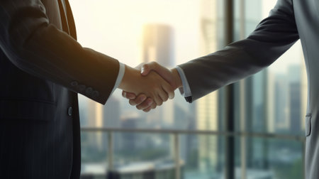 Business people shaking hands in office, closeup. Teamwork conceptの素材