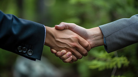 Close-up of two business people shaking hands in the forest.の素材
