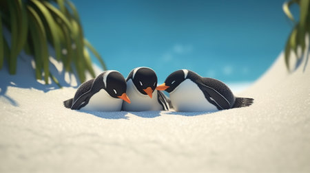 Penguins on the snow. 3d render. Winter backgroundの素材