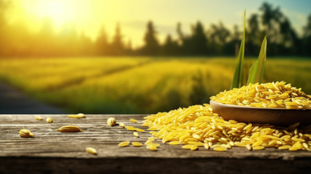 Raw rice in wooden bowl on wooden table and rice field background.の素材