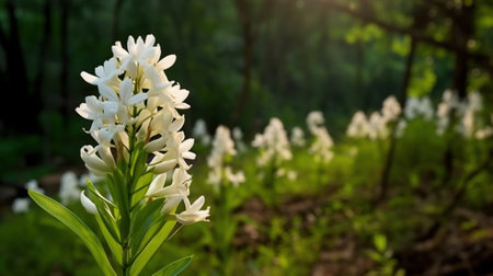 Beautiful white hyacinth flowers in the garden, selective focusの素材