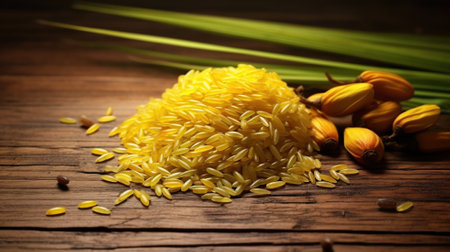 Rice and flower on wood background, food and drink concept.の素材