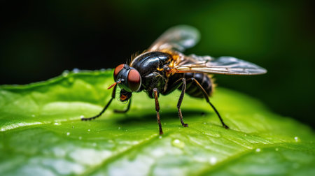 Close up of a fly sitting on a green leaf in the gardenの素材