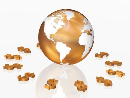 3d golden dollars signs around the golden Globeの写真素材