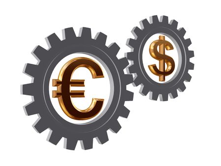 two 3d gear-wheels with golden dollar and euro signsの写真素材