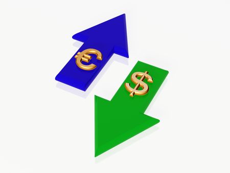 two 3d golden dollar and euro signs with blue and green arrowsの写真素材