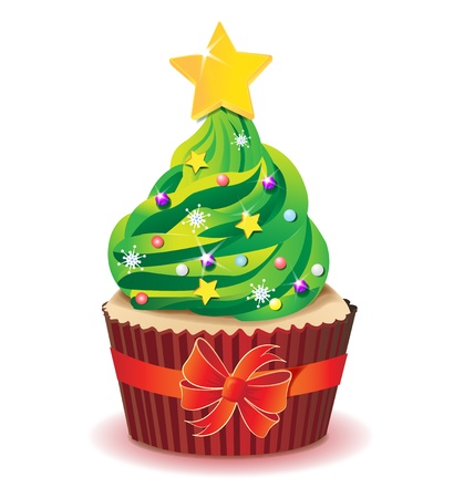 christmas muffin with green christmas tree and red ribbonの写真素材
