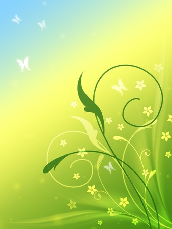 spring flowers and butterflies in blue, yellow and greenの写真素材