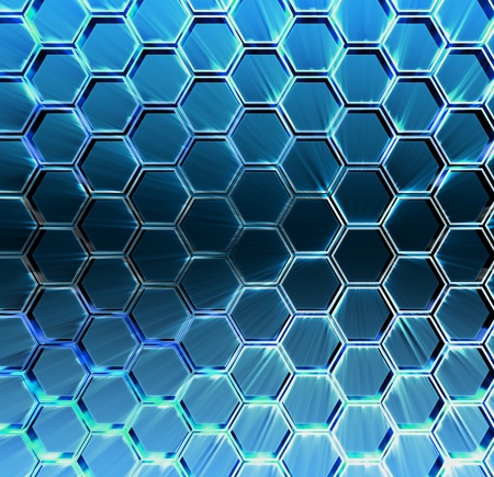 Abstract blue background 3d Metallic hexagons with backlight の写真素材