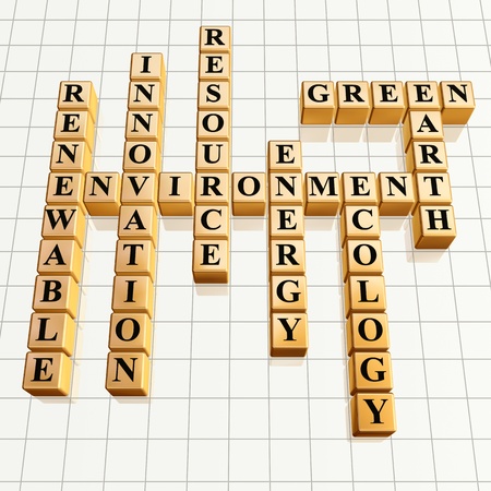 3d golden cubes, crossword - environment, renewable, innovation, resource, energy, ecology, Earth, greenの写真素材