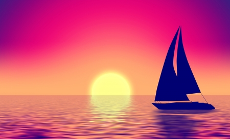 Summer retro illustration boat silhouette in sea and sunの写真素材