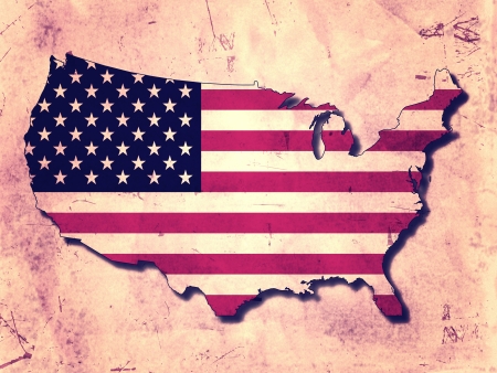 USA map with flag over old paper backgroundの写真素材