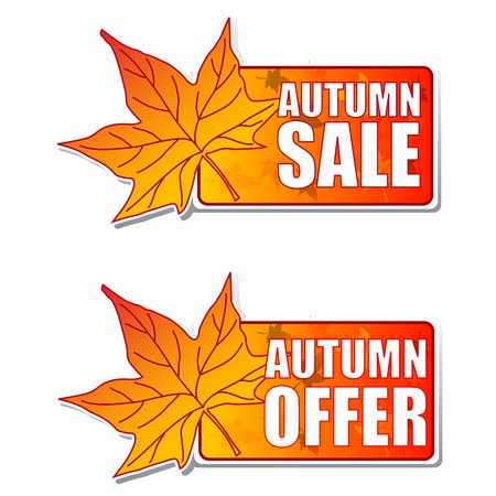 autumn sale and offer - orange labels with text and leafの写真素材