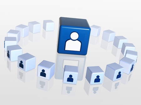 circle of 3d cubes with person sign, one big boxes in the middle