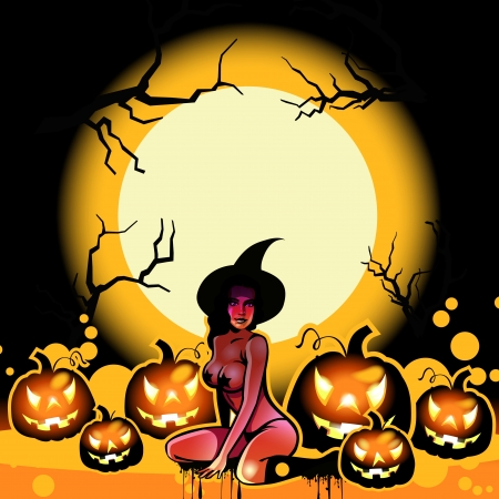 halloween illustration with witch and pumpkins on the moonの写真素材