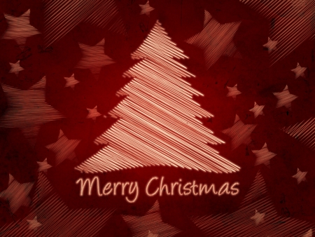red background with text Merry Christmas, striped christmas tree and stars, abstract retro cardの写真素材