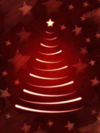 abstract red background with illustrated christmas tree and stars, retro style cardの写真素材
