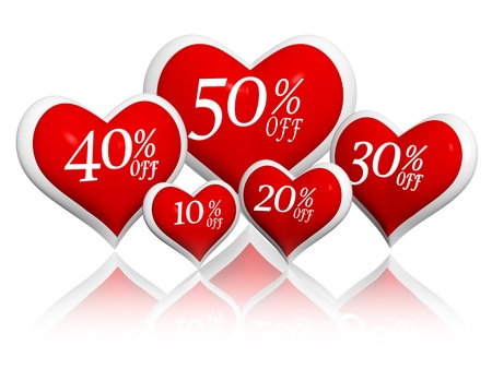different percentages off rebate in 3d red hearts banners, valentines day sale seasonal business conceptの写真素材