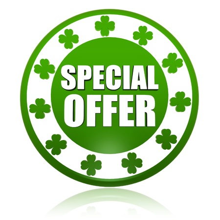 special offer - text in 3d circle badge with green shamrocks, St. Patrick's Day conceptの写真素材