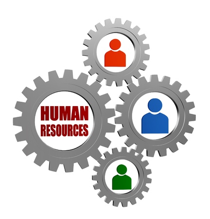 human resources words and colored person signs in 3d silver grey gearwheels, business conceptの写真素材