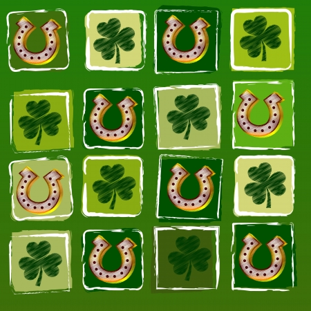 striped horseshoes and shamrocks in squares over green background, St  Patrickの写真素材