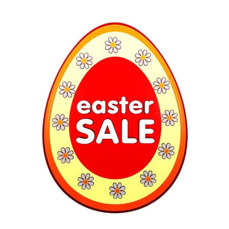 easter sale banner - 3d red egg shape label with white text and flowers, business conceptの写真素材