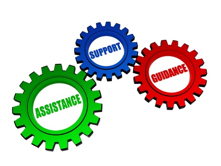 assistance, support, guidance - business concept words in 3d color gearwheelsの写真素材