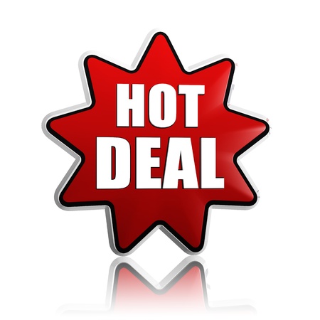 hot deal button - text in 3d red star label with white letters, business conceptの写真素材