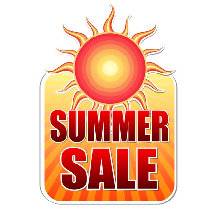 summer sale banner - text in yellow label with red sun and orange sunrays, business conceptの写真素材