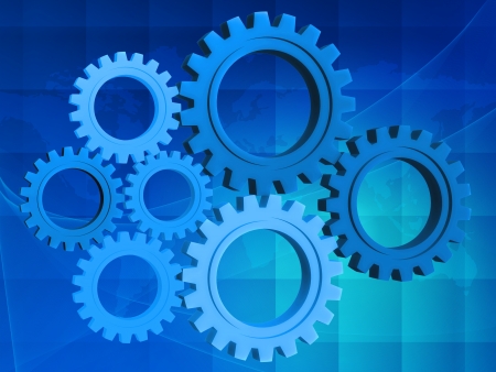 Blue gear-wheel over background with world mapの写真素材