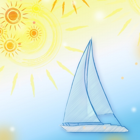 abstract summer background with drawn yellow suns and blue boatの写真素材