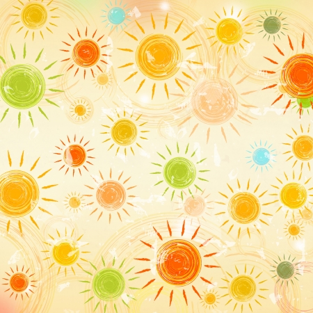 vintage summer background with drawn motley suns over old paperの写真素材