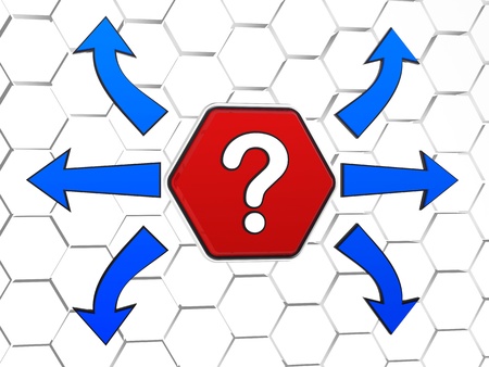 question-mark sign and blue arrows in opposite directions, 3d red hexagon in cellular structure, concept imageの写真素材