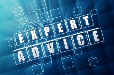 expert advice - text in 3d blue glass cubes with white letters, business consult conceptの写真素材
