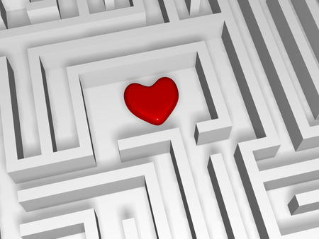 3d red heart in the centre of labyrinth, love concept in mazeの写真素材