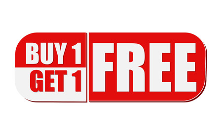 buy one get one free - text in white and red flat design label, business shopping conceptの写真素材