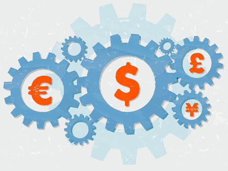 euro, dollar, pound and yen signs - business finance and monetary units concept - red symbols in blue grunge flat design gear wheelsの写真素材