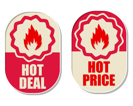hot deal and hot price text banners with flames signs, two elliptic flat design labels with fire symbols, business shopping conceptの写真素材