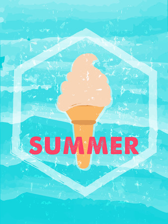 Summer With Ice Cream In Hexagon Over Blue Waves Banner Text In