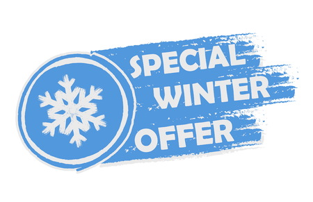 special winter offer with snowflake sign banner - text and symbol in drawn label, business seasonal shopping conceptのイラスト素材